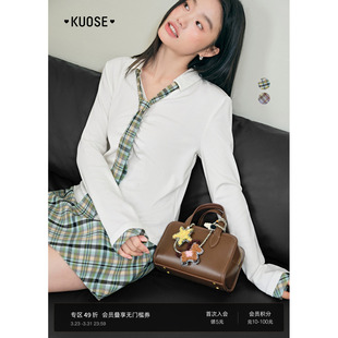 女打底衫 新款 内搭秋 飘带上衣2026春季 阔色假两件格子领带t恤长袖