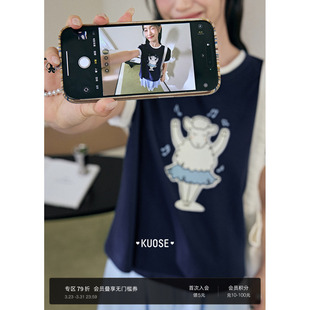 T恤长款 阔色深蓝色芭蕾绵羊印花短袖 纯棉半袖 新款 上衣女2025夏季