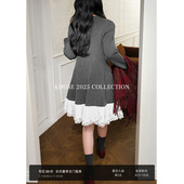 新款 阔色灰色假两件花边针织长袖 连衣裙女2025秋冬季 内搭短裙子春