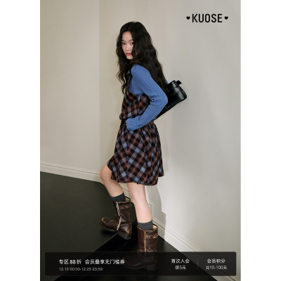 复古格子挂脖无袖连衣裙