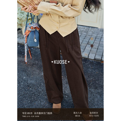 深棕色蝴蝶结工装长裤子女阔腿裤