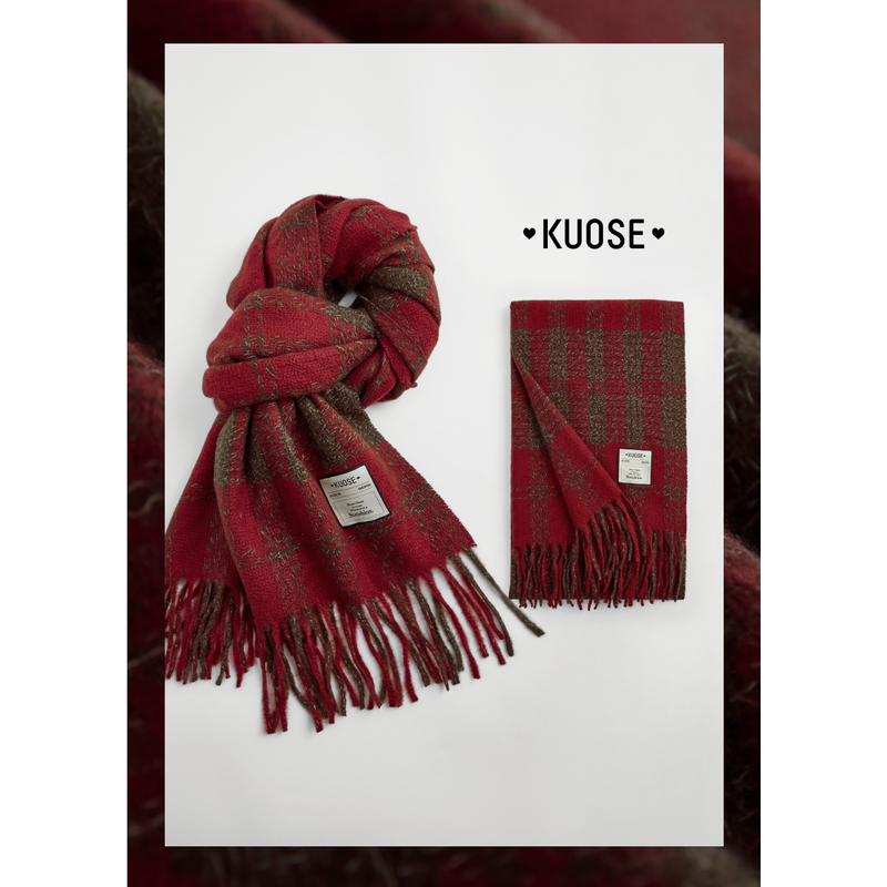 阔色气质外塔围巾围脖女2025秋冬季新款酒红色格子流苏保暖披肩