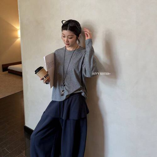 2026秋新宽松长袖纯色女T恤