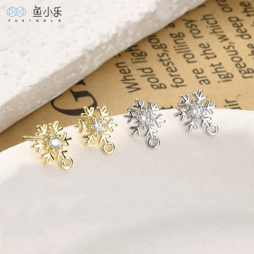 铜镀14k金保色锆石雪花耳钉带吊