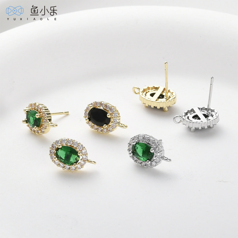 14k镀真金保色祖母绿黑钻椭圆耳钉diy手作耳环耳饰配件材料