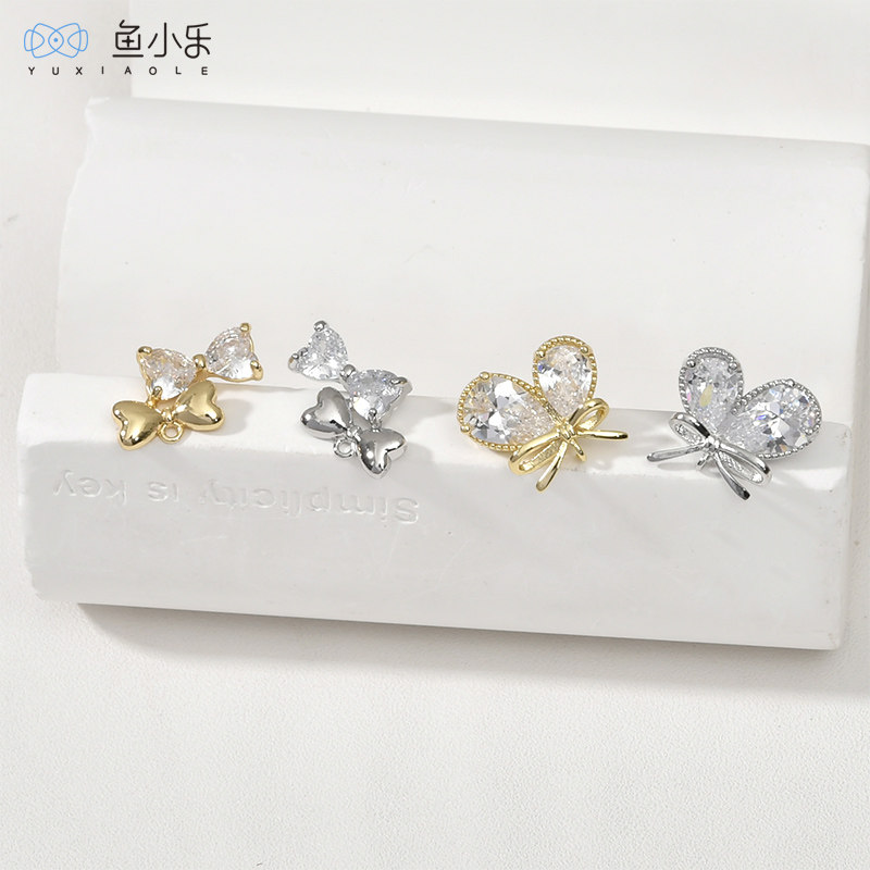 14k电镀真金保色精致蝴蝶结领结锆石耳钉diy手作耳环饰品配件材料