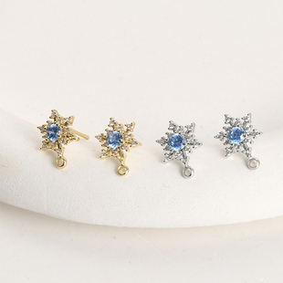 14k电镀真金保色海蓝锆石雪花耳钉diy手作耳环耳饰基础耳针配件