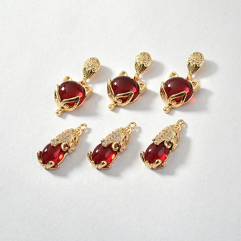 复古狐狸头貔貅石榴石吊坠diy项链手链饰品配件铜镀18k真金色保色