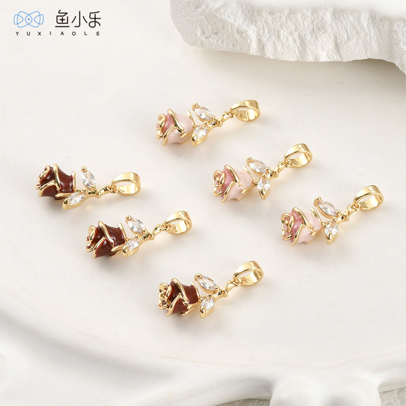 18k电镀真金保色红色粉色玫瑰花苞吊坠diy手作手链项链耳饰配件
