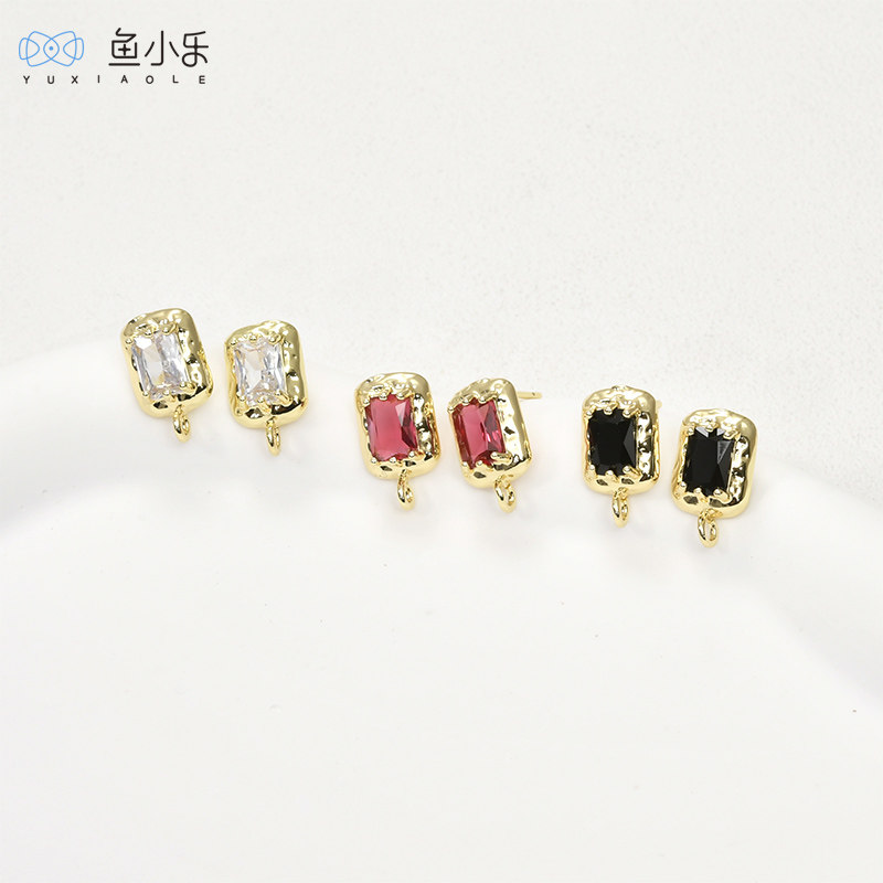 14k金保色彩色锆石方形带吊耳针耳钉diy耳环耳饰品手作配件材料