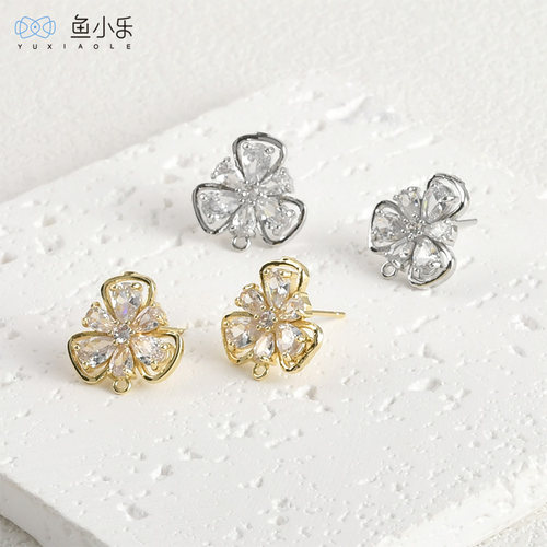 铜镀14k金锆石三叶花带吊耳钉diy