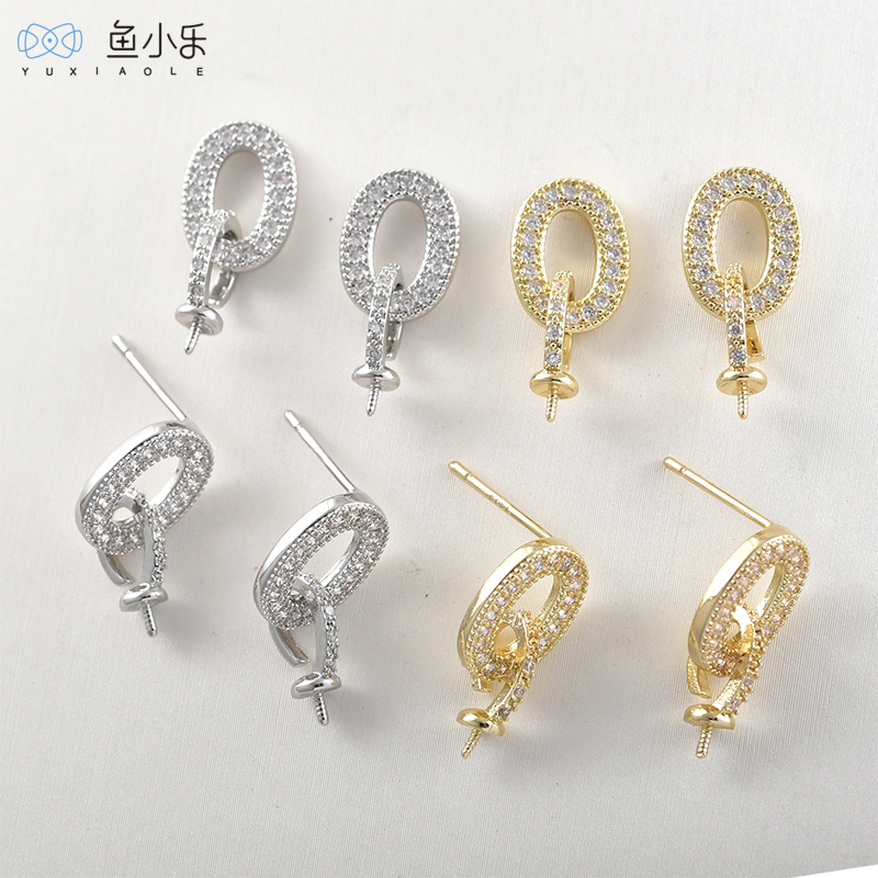 铜镀14k金椭圆满锆耳钉耳环DIY
