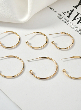 铜镀18k真金色925银针 简约C形耳圈耳扣diy耳环饰品材料配件