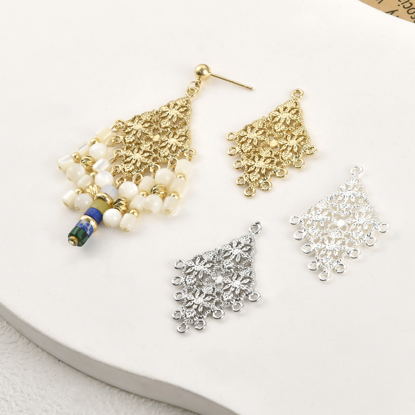 铜镀14k金镂空小花菱形多挂吊坠