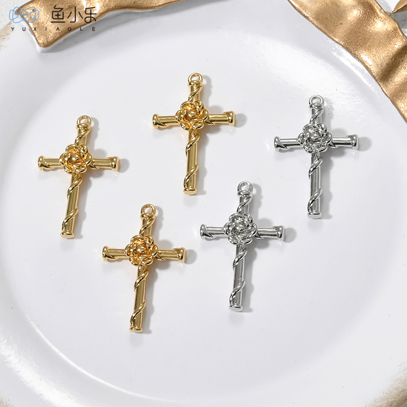 铜镀18k金花朵十字架diy饰品配件