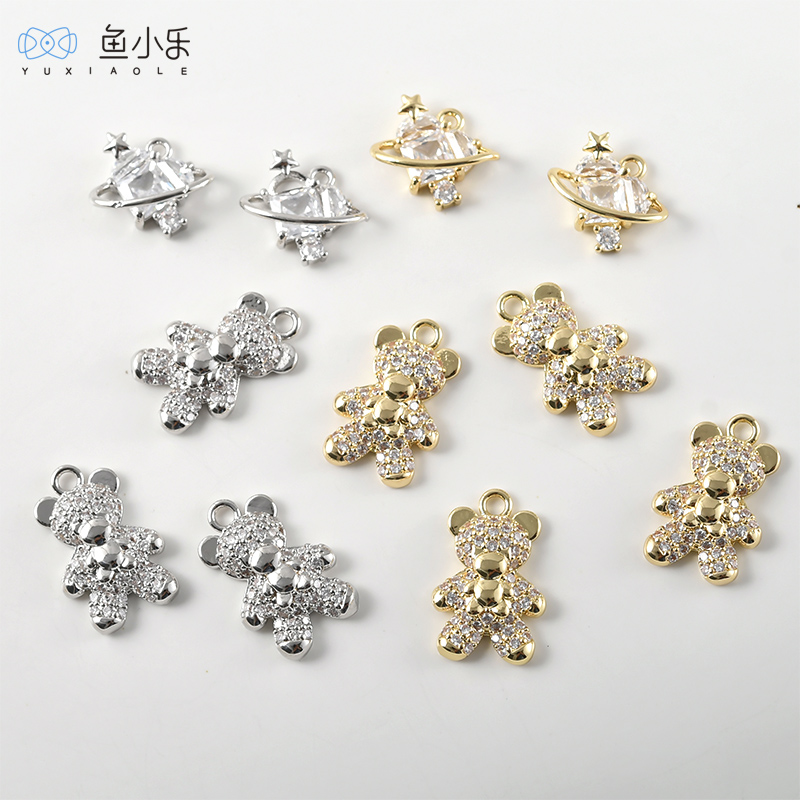 铜镀14k金满锆小熊爱心吊坠DIY