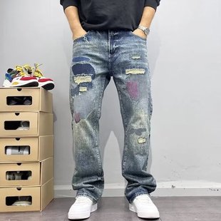 美式高街风复补丁古做旧水洗牛仔裤潮牌男女宽松潮流直筒长裤嘻哈