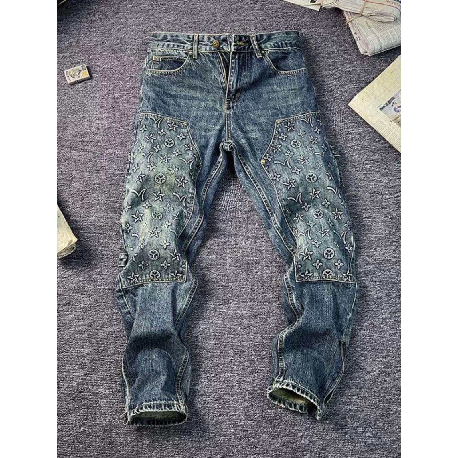 潮牌美式复古腰花牛仔裤男士直筒牛仔裤