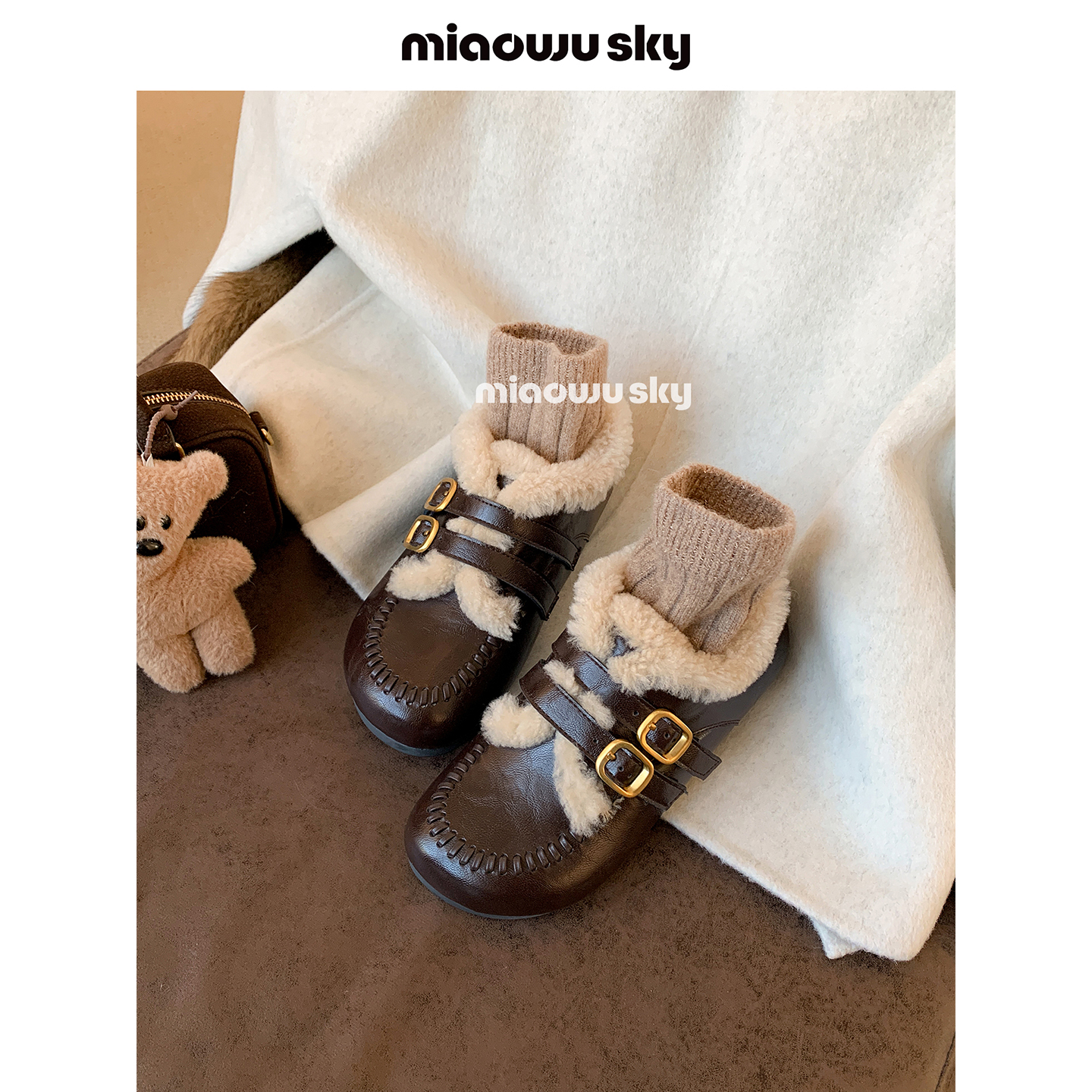 【12.8上新】 喵唔的天空3.5cm皮带扣一脚蹬乐福鞋女冬毛毛勃肯鞋