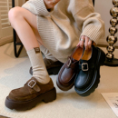 单鞋 女厚底增高魔术贴百搭小皮鞋 天空秋冬英伦风圆头乐福鞋 喵唔