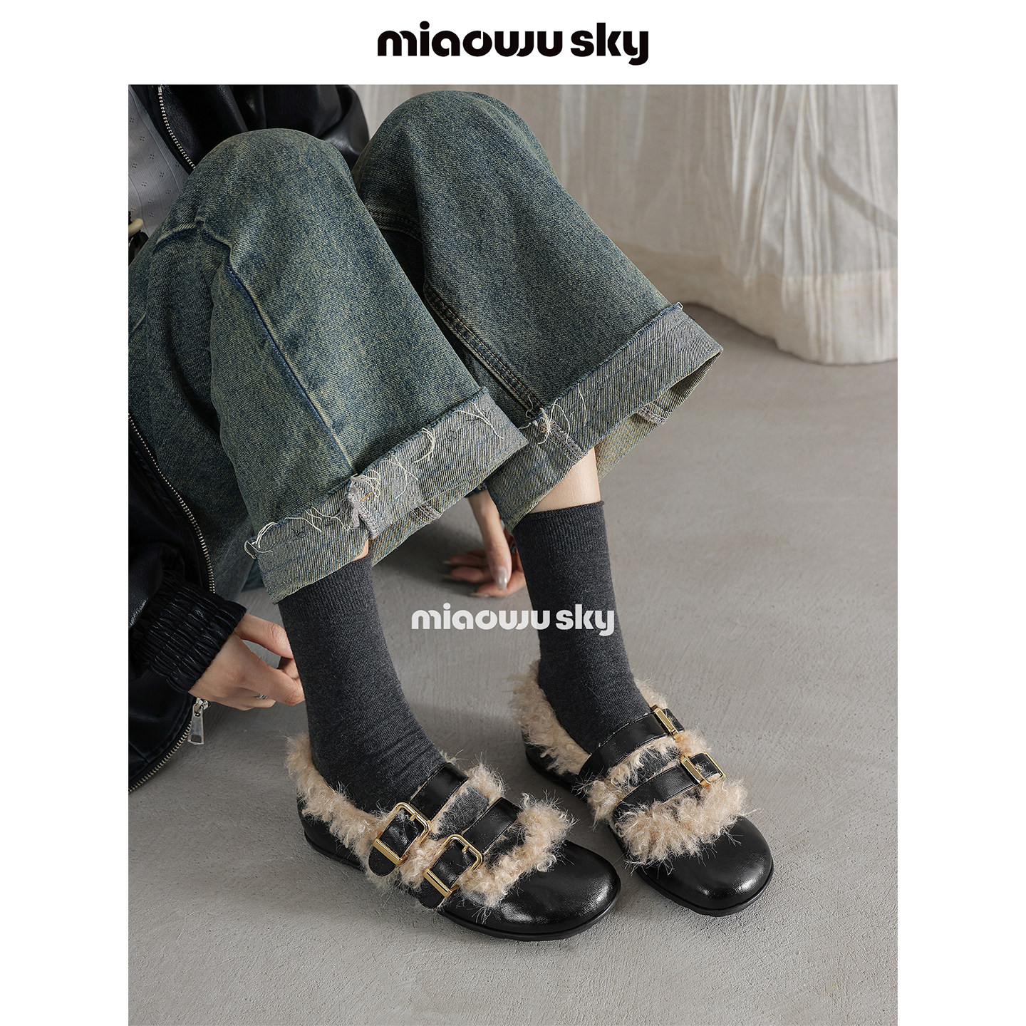 喵唔的天空牛皮一字扣加绒保暖毛毛鞋女冬圆头软底甜美玛丽珍鞋,女鞋,玛丽珍鞋,淘宝优惠券,粉丝福利购,淘宝优惠卷