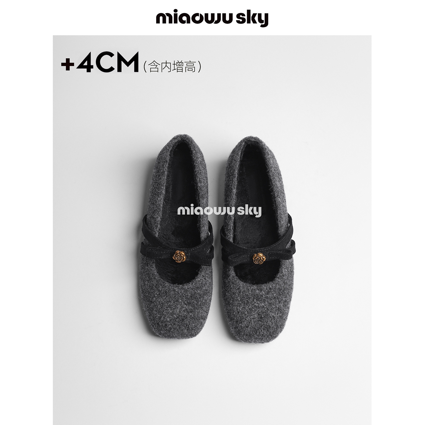 【12.8上新】喵唔的天空灰色毛呢加绒单鞋山茶花蝴蝶结玛丽珍鞋冬