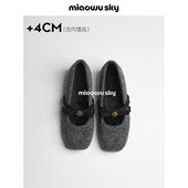 喵唔 冬约会毛毛鞋 天空灰色毛呢加绒单鞋 女山茶花蝴蝶结玛丽珍鞋