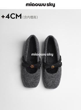喵唔的天空灰色毛呢加绒单鞋女山茶花蝴蝶结玛丽珍鞋冬约会毛毛鞋