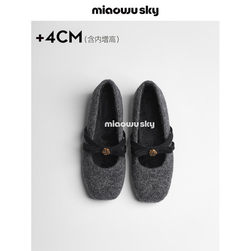 灰色毛呢加绒玛丽珍鞋