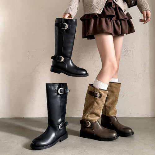 喵唔的天空搭扣长筒褶皱堆堆靴牛皮秋冬拼接卡其色中筒骑士靴女