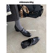 喵唔 女春秋韩系粗跟圆头皮鞋 天空羊皮 清冷高智通勤玛丽珍鞋