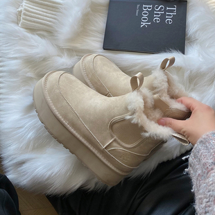 防滑加绒切尔西短靴女厚底毛毛保暖雪地靴棉鞋 喵唔 天空2025冬季