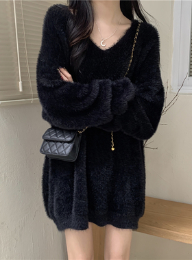 黑色软糯水貂绒毛衣女秋冬高级感超好看V领宽松内搭打底上衣加厚