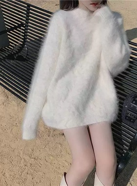 慵懒风毛衣女中长款秋冬外穿白色水貂绒高级感内搭V领针织上衣潮