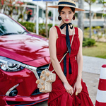 vimi法式复古红色大摆吊带连衣裙女夏季性感露背泰国三亚海边度假