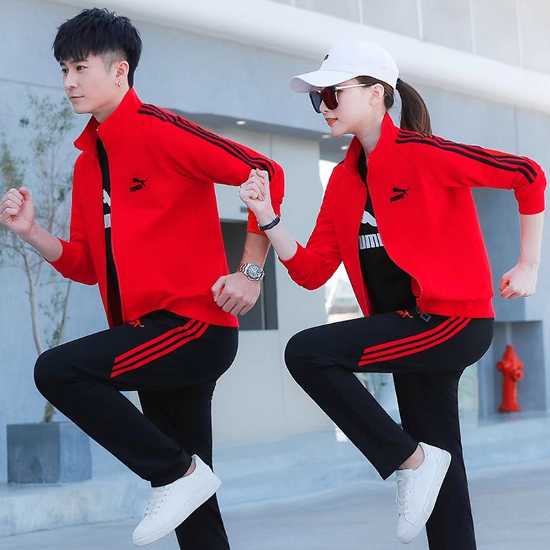 情侣运动服套装女春秋季男女同款时尚宽松休闲跑步团队卫衣三件套