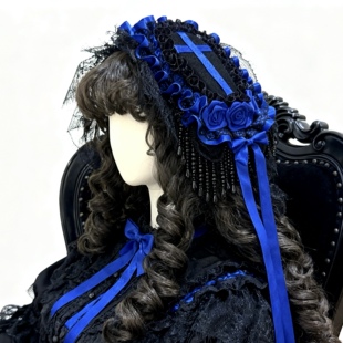 棺材礼帽捧花克莱因蓝原创手工暗黑哥特玫瑰十字架洛丽塔头饰头纱