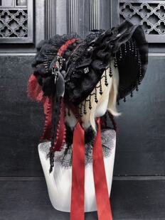 原创手作 Lolita蕾丝波奈特手工定制暗黑哥特风bnt草帽扁帽花朵饰