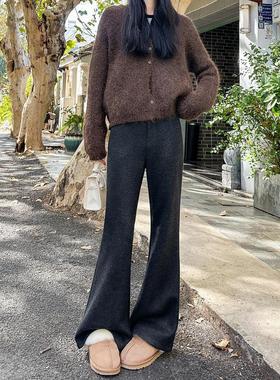 PLER灰色加绒微喇裤女2025秋冬新款高腰喇叭裤桑蚕丝羊毛呢马蹄裤