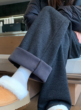 PLER灰色糯米毛呢阔腿裤女冬季加绒加厚2025新款窄版直筒秋冬裤子