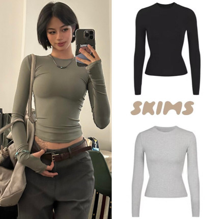 SKIMS香秀卡戴珊同款打底衫内搭圆领显瘦纯色上衣修身塑形长袖T恤