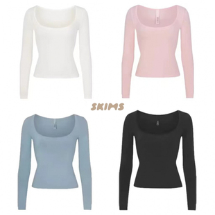弹力上衣T恤打底衫 正品 纯棉修身 方领U型领长袖 女 SKIMS卡戴珊同款