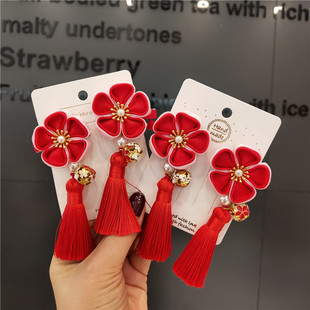 儿童红色古风流苏发夹唐装发饰手工花朵女孩饰品女宝头花汉服配饰