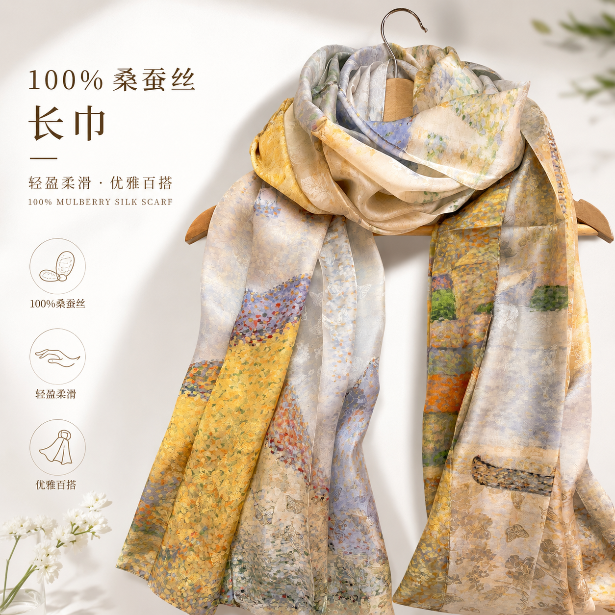 100%桑蚕丝桑波缎提花长巾百搭