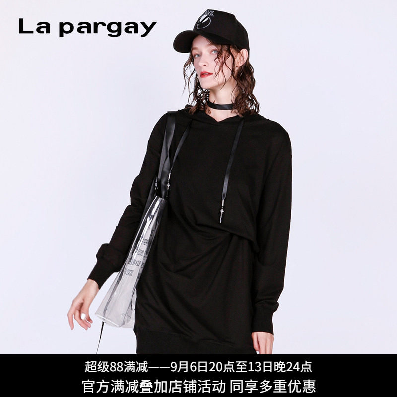 Lapargay纳帕佳2024新款上衣中长款不规则设计感显瘦连帽卫衣女潮