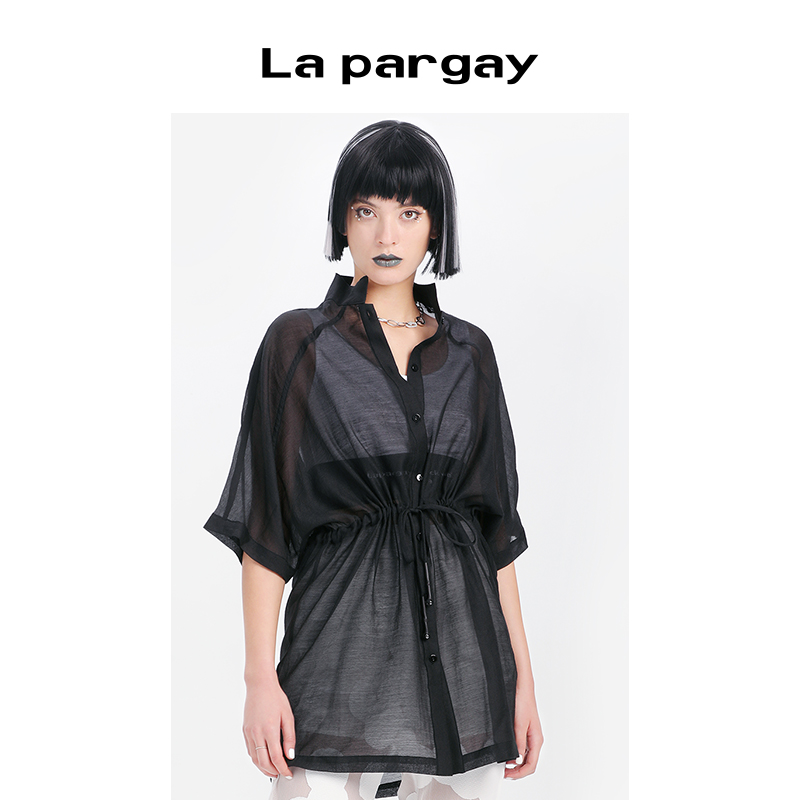 Lapargay纳帕佳2024新款女装黑白色衬衣百搭休闲薄款收腰上衣衬衫