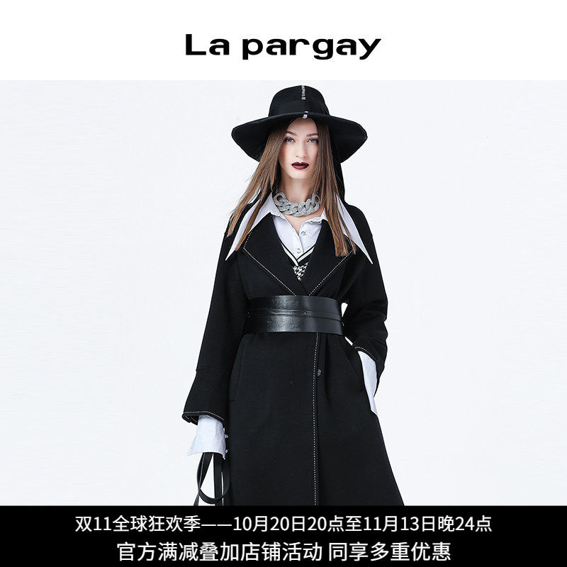 纳帕佳黑色长款羊毛呢大衣女