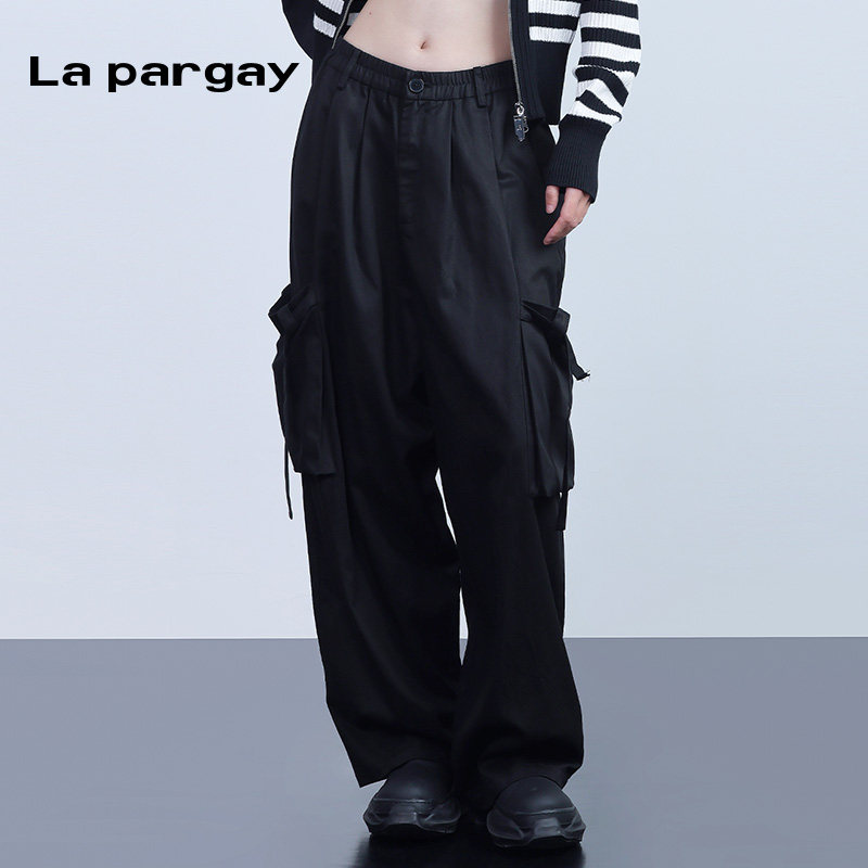lapargay纳帕佳工装风黑色多口袋工装休闲裤女宽松个性设计感长裤
