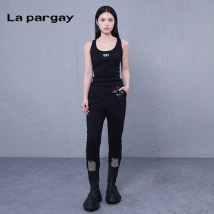 纳帕佳高腰长裤个性印花休闲裤女2024夏季新款黑色设计感小众裤子