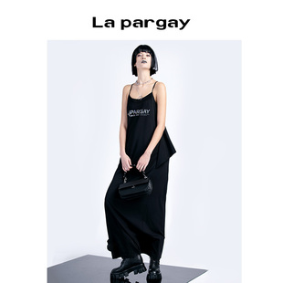 Lapargay纳帕佳2024夏季新款女装黑色裙子长款无袖吊带印花连衣裙